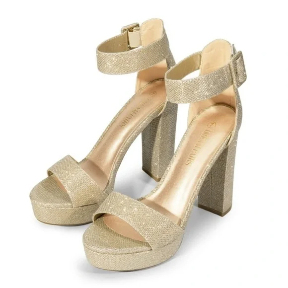 Dream Pairs gold glitter ankle strap Chunky Platform Heels party new years - Picture 2 of 7